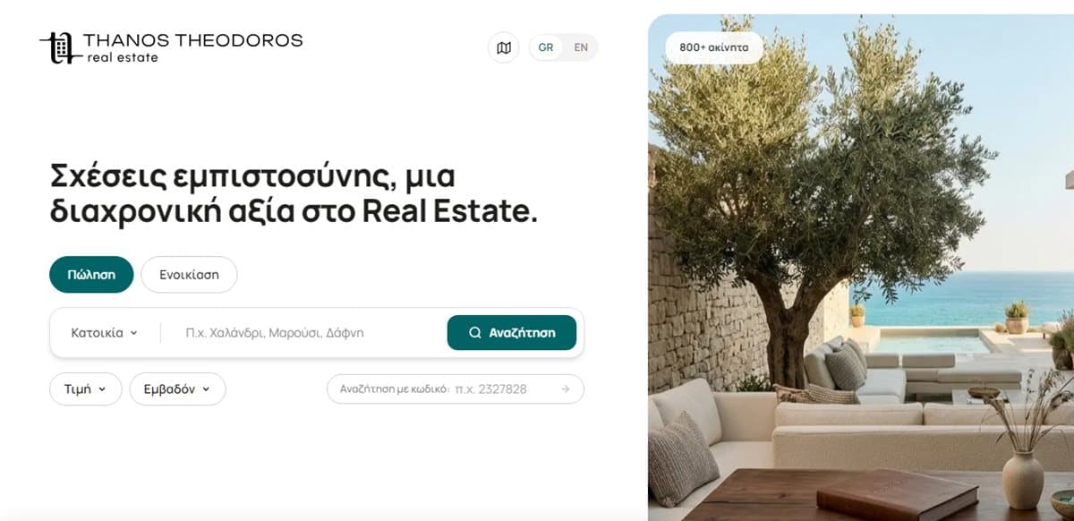 Thanos Theodoros Real Estate homepage with property search